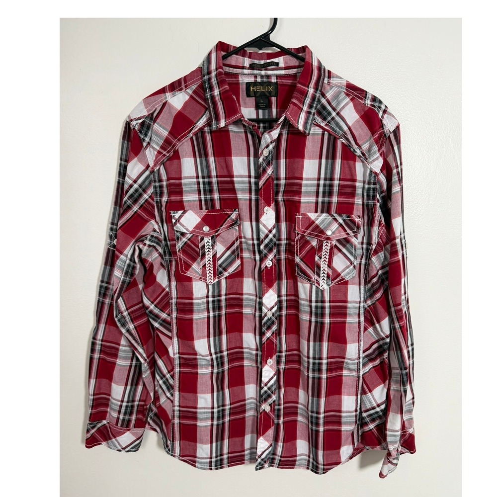 Helix Mens Athletic Fit Plaid Western Snap Button Down Shirt Red White Large